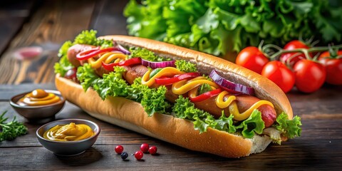 Appetizing hot dog loaded with fresh vegetables, sauces, and condiments, hot dog, appetizing, fresh, vegetables, sauces