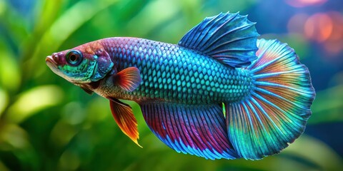Fototapeta premium Exotic betta fish with multicolored blue-green scales swimming in aquarium , Betta, fish, exotic, multicolored