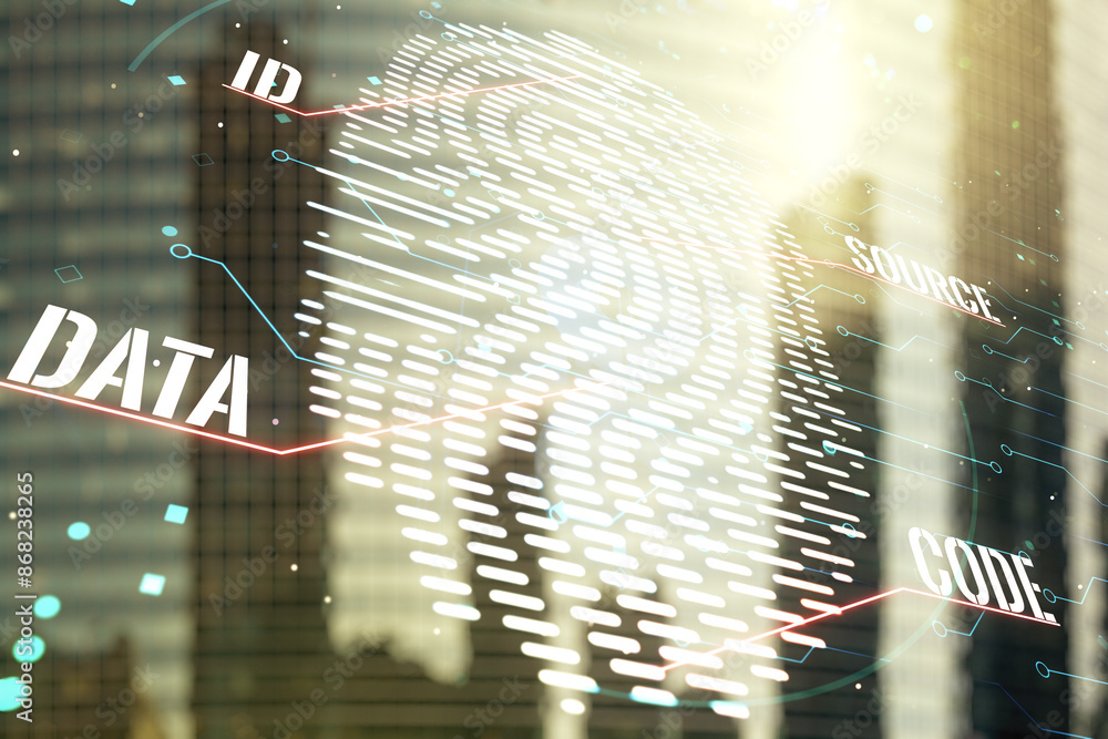 Poster multi exposure of virtual creative fingerprint hologram on modern skyscrapers background, personal b