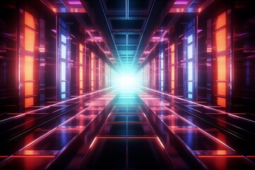 Fototapeta premium 3d render. Geometric figure in neon light against a dark tunnel. Laser glow. 