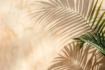 
Abstract background with a palm leaf shadow on a beige wall, light and airy, with soft edges and a blurred background, with a monochrome color scheme in the style of a minimalist