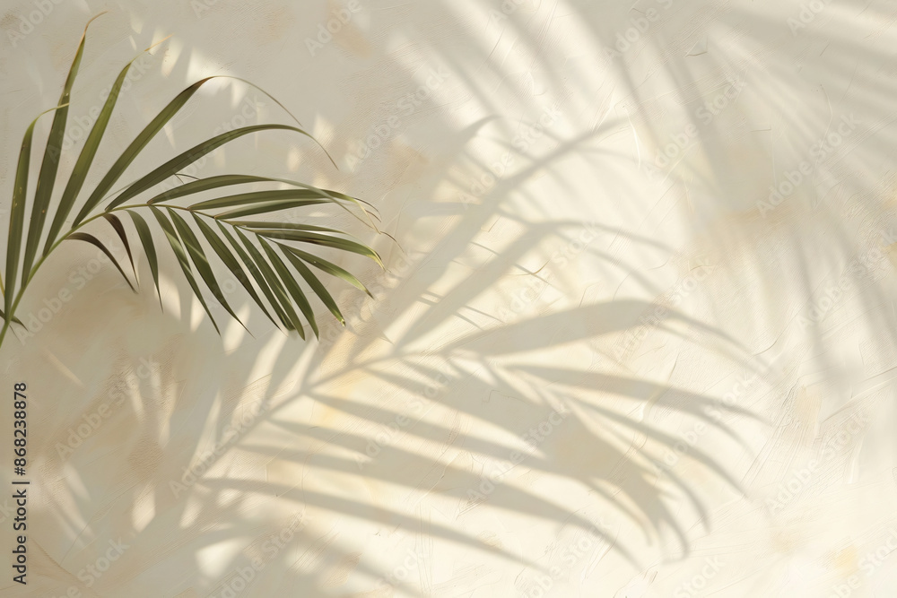 Poster abstract background with a palm leaf shadow on a beige wall, light and airy, with soft edges and a b