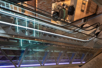 Escalator steps, moving staircase, empty metro elevator, electric stairway, metallic moving stairs