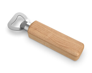 Wooden handle stainless steel beer bottle opener 3d render illustration.