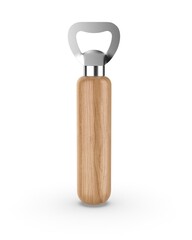 Wooden handle stainless steel beer bottle opener 3d render illustration.