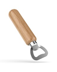 Wooden handle stainless steel beer bottle opener 3d render illustration.