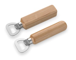 Wooden handle stainless steel beer bottle opener 3d render illustration.