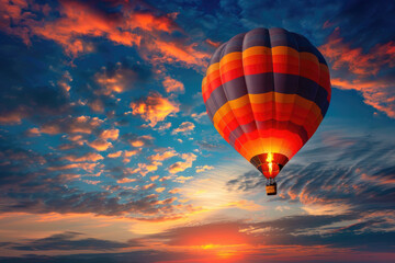 Obraz premium Hot air balloon ascending at dawn carrying passengers on uplifting journey above horizon