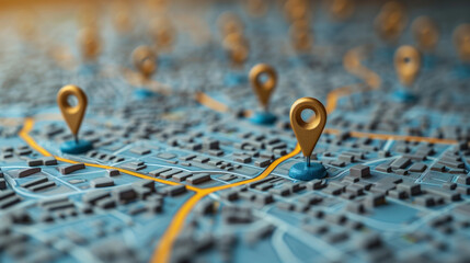 A detailed, close-up view of a city map with multiple location pins indicating various points of interest.