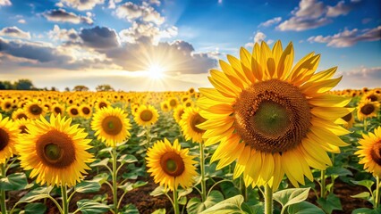 Fototapeta premium Field of bright yellow sunflowers under the sun, sunflowers, field, yellow, bright, sunny, nature, agriculture, growth, outdoor