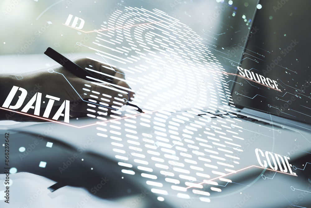 Aufkleber double exposure of abstract creative fingerprint hologram with hand writing in notepad on background
