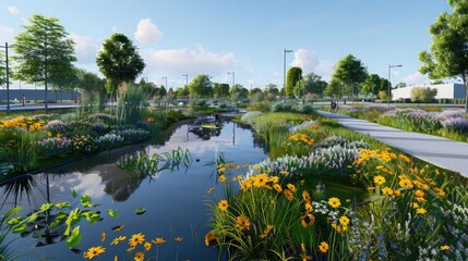A vibrant urban wetland designed for flood control and recreational opportunities.