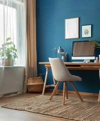 Clean lines and a blue wall in a minimalist home office