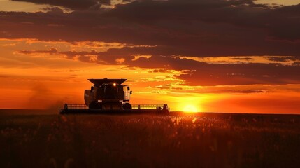 Fototapeta premium Silhouette Of Working Combine At Sunset. Saskatchewan