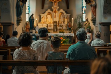 Obraz premium Family gathering on a bench in a small church, united in prayer