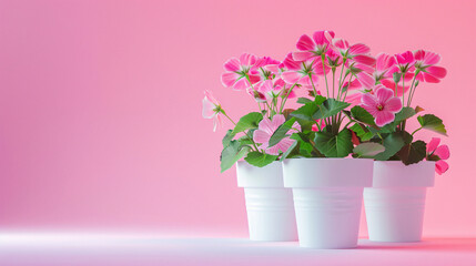 Floral Arrangement Enriching Decor with Beauty and Freshness. Concept Garden-inspired Centerpieces, Beautiful fresh flower plants in simple pots with gradient background.