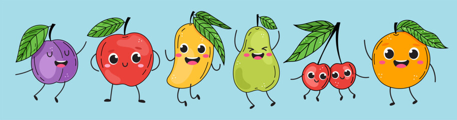 Colorful Cute smiling jumping fruit Characters for kids. Cartoon style comic vector illustration. Apple, pear, mango, cherry, plum and orange
