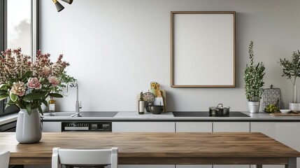 Modern kitchen with full furniture and wooden frame poster mockup hanging on the wall.