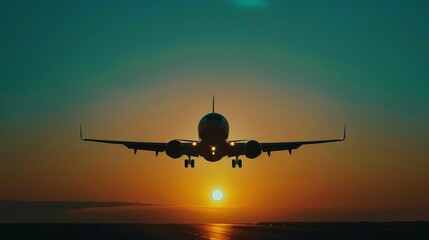 Silhouette of a Plane Against a Blue Sunset Sky Magnificent sunset scene featuring the silhouette of a plane against a stunning blue sky.