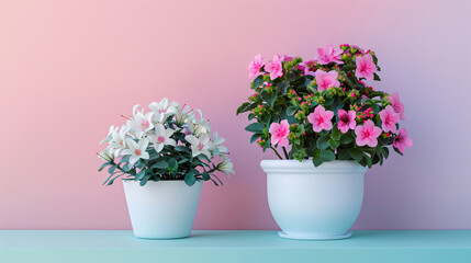 Floral Arrangement Enriching Decor with Beauty and Freshness. Concept Garden-inspired Centerpieces, Beautiful fresh flower plants in simple pots with gradient background.
