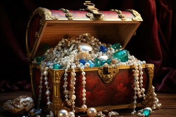 Close-up of pearls and gemstones inside an open treasure chest with ocean bokeh.