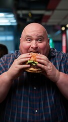 A fat man enjoys a lunch burger filled with fresh ingredients.