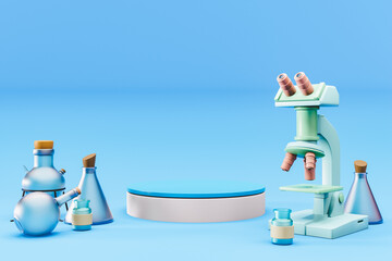 3D rendering of scientific microscope with various flasks surrounding pedestal