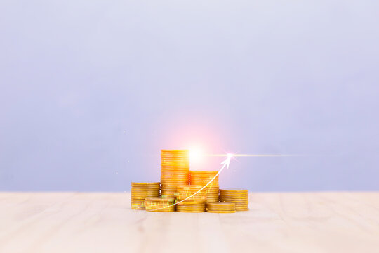 coin is placed as a graph showing the success of the income fund. Business success concept, wealth, investment, stock in the digital age. Digital transformation for next-generation technology..