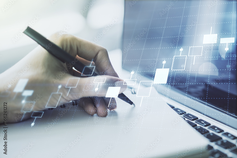 Poster multi exposure of abstract creative financial graph with hand writing in notepad on background, fore