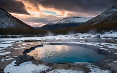Outdoor natural hot springs near the snowy mountains