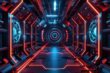 Futuristic Sci-Fi Spaceship Corridor with Glowing Neon Lights. Concept. Technology, Space Travel, Cyberpunk