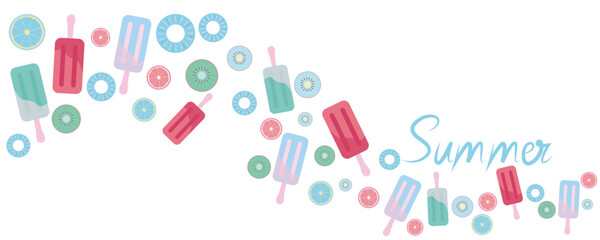 Summer tropical fruits and ice bar pattern illustration. Summer colorful icons graphic. Vector illustration.