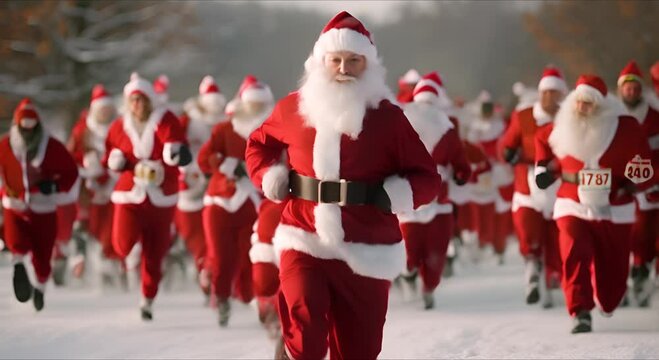 Happy Santa Claus finishes the race in the snow on Christmas Day.	
