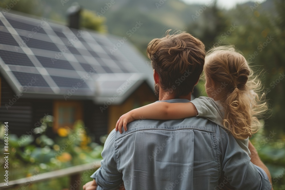 Canvas Prints Dad and daughter look at the installed solar panel