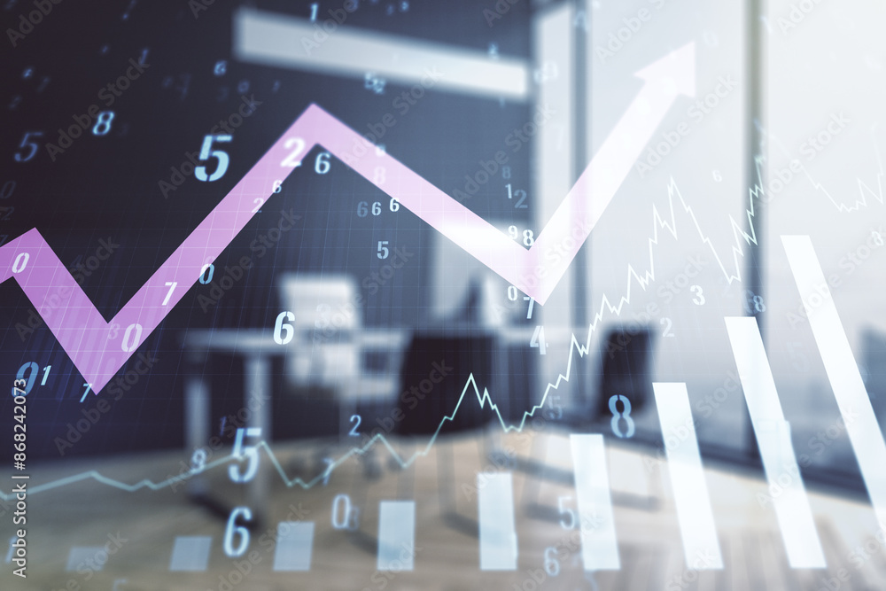 Poster abstract creative financial graph with upward arrow and modern desktop with computer on background, 