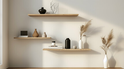 A minimalist design wall featuring sleek shelves holding curated decor.