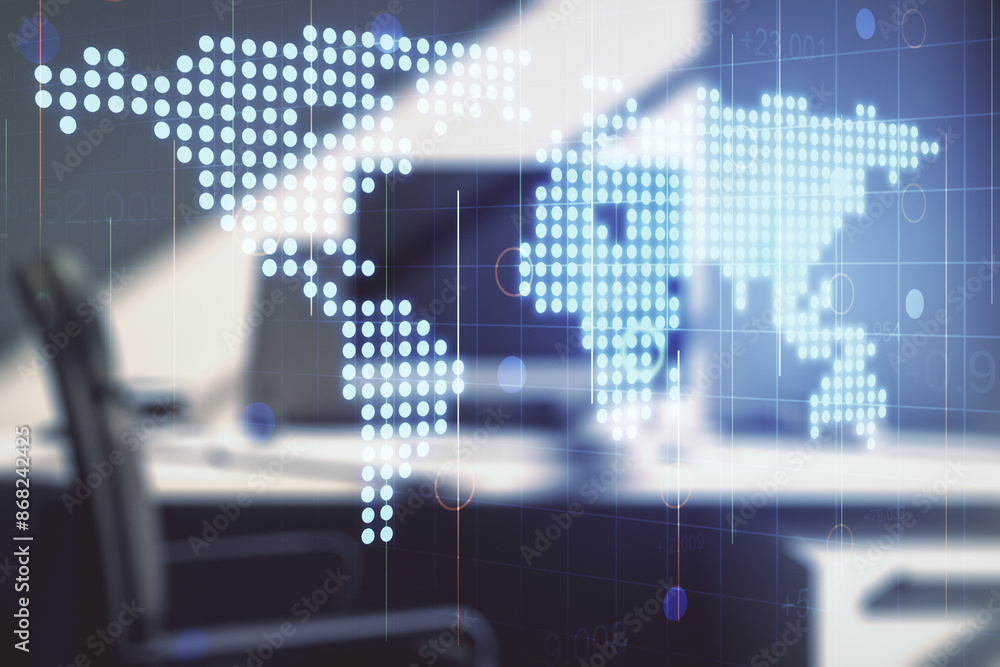 Poster Double exposure of abstract digital world map and modern desk with computer on background, big data and blockchain concept