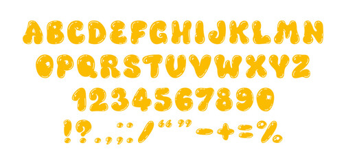 Bubble gum playful yellow font and numbers from 0 to 9. Graffiti. Psychedelic alphabet. Y2K trendy style. 3D, bubble gum, balloon. Plump digits and letters, punctuation marks. Childish game, milestone