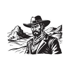 cowboy sketch art desert hill background hand drawn vector illustration