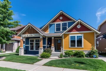 Colorful House. Craftsman Cottage with Brick Exterior in Suburban Residential Architecture