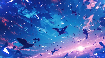 Birds soaring through a vibrant, abstract sky filled with geometric shapes and a colorful sunset. Perfect for themes of freedom, dreams, and fantasy.