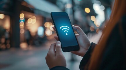 街中でWi-Fiの電波を探すスマートフォンを持つ女性
