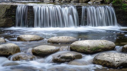 Fototapeta premium A waterfall flowing over a series of smooth, rounded rocks, creating a gentle, soothing cascade