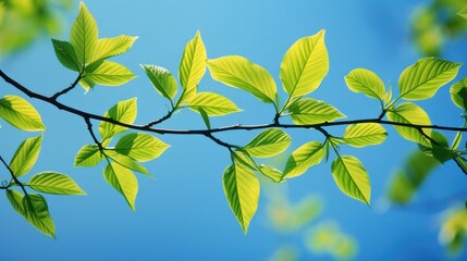 Obraz premium Green Leaves Blue Sky. Nature Background with Tree Branch and Fresh Spring Foliage