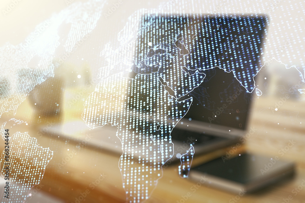 Poster multi exposure of abstract creative digital world map and modern desktop with laptop on background, 