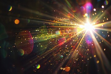 Naklejka premium Abstract starburst, digital flare, iridescent glare, lens flare effects over black background for overlay designs