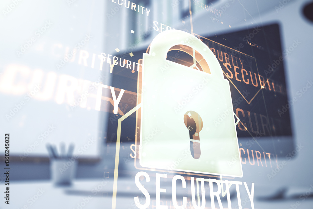 Poster Creative idea concept with lock symbol and microcircuit illustration and modern desktop with computer on background. Protection and firewall concept. Multiexposure