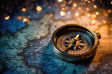 Close-up of a compass rose on a pirate map with night sky bokeh.