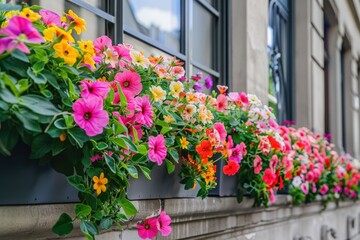 Close-up of vibrant, blooming flowers in window planter boxes adorning a city building. These flower-filled window boxes showcase an urban gardening approach, enhancing the building's facade 