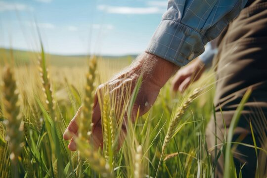 One senior farmer standing in the wheat field One senior farmer standing in the wheat field on sunny spring day. Close up of human hand touching wheat plant